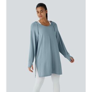 Halara Hooded V Neck Drawstring Thumb Hole Longline Casual Sweatshirt